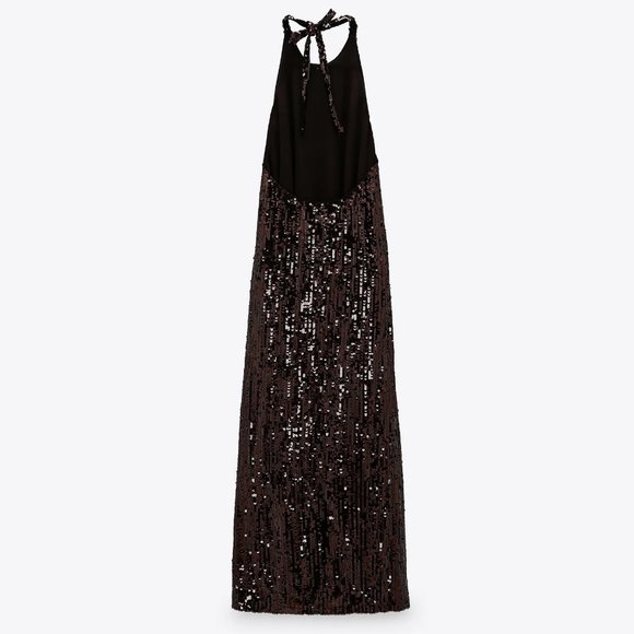 Zara rich brown sequin halter long dress, S - Picture 4 of 12